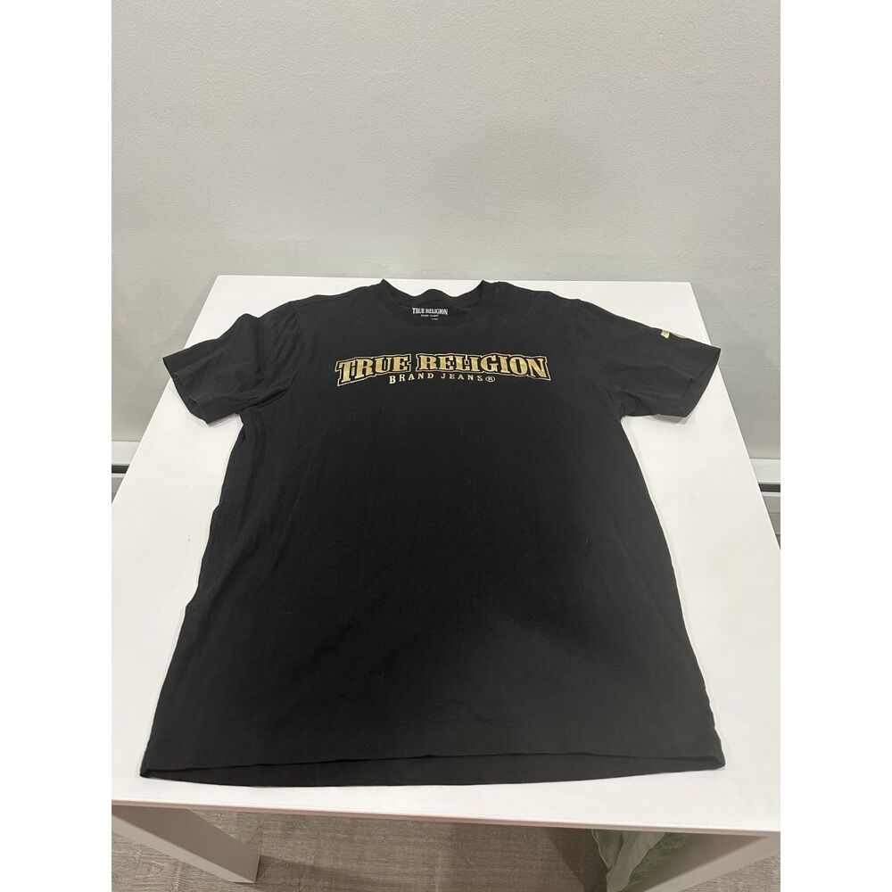 True Religion Brand Jeans Men’s Large Black Gold Logo Graphic T-Shirt Cotton
